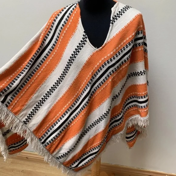 Vintage 70s poncho white orange fringed - Picture 6 of 14